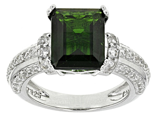 Photo of 3.23ct Emerald Cut Russian Chrome Diopside & 1.44ctw Mixed Round White Zircon Sterling Silver Ring - Size 8