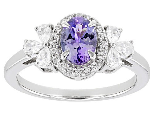 1.33ctw Blue Ocean Tanzanite With White Zircon Rhodium Over Sterling Silver Ring - Size 8