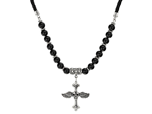 Photo of Southwest Style By JTV™ Mens Black Onyx Rhodium Over Silver Skull & Cross Necklace With Leather Cord - Size 20
