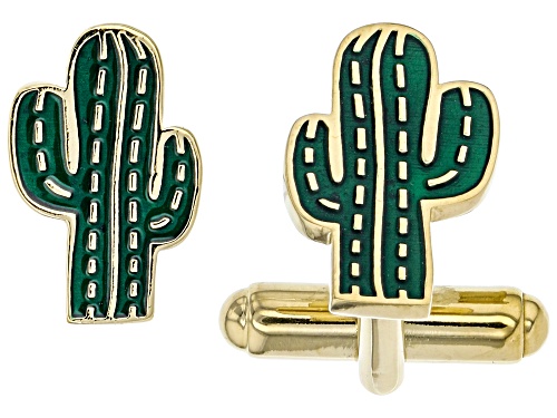 Photo of Southwest Style By JTV™ Green Enamel 18k Yellow Gold Over Sterling Silver Cactus Cufflinks