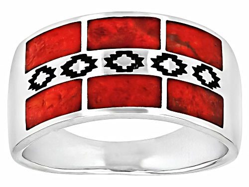 Southwest Style By JTV™ 7x3mm Red Coral Rhodium Over Silver Men's Inlay Band Ring - Size 10