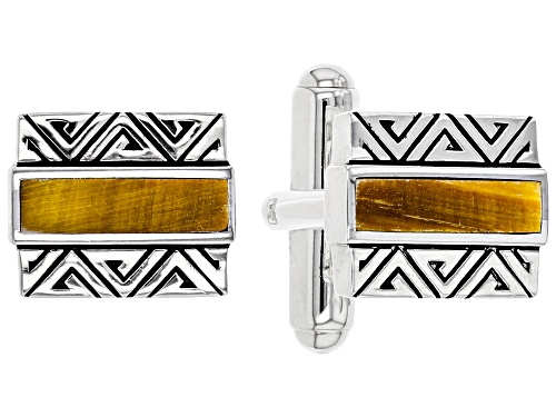 Photo of Southwest Style By JTV™ Mens 12x3mm Rectangle Tiger's Eye Rhodium Over Silver Inlay Cufflinks