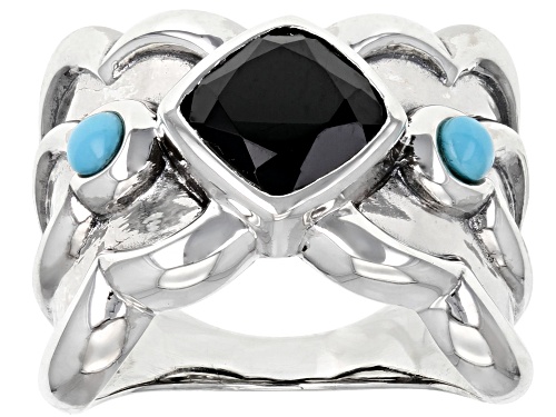 Photo of Southwest Style By JTV™ 2.65ct Black Spinel and 3.5mm Turquoise Rhodium Over Silver Ring - Size 6