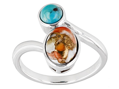 Southwest Style By JTV™ Spiny Oyster Shell and Turquoise Rhodium Over Silver Bypass Ring - Size 8
