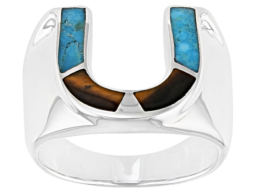 Photo of Southwest Style By JTV™ Tigers Eye and Turquoise Rhodium Over Silver Mens Horseshoe Ring - Size 11