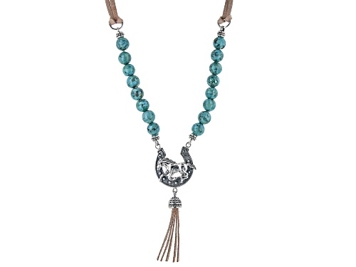 Southwest Style By JTV™ Blue Turquoise Rhodium over Silver Horse Shoe, Faux Leather Necklace - Size 24