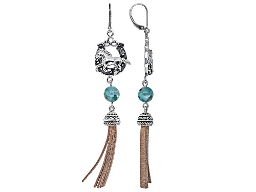Photo of Southwest Style By JTV™ Blue Turquoise Rhodium over Silver Horse Shoe Leather Tassel Earrings