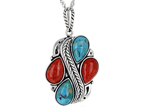 Southwest Style By JTV™ Turquoise and Sponge  Coral Rhodium Over Silver Pendant W/ Chain