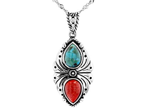 Southwest Style By JTV™ Blue Turquoise, Sponge Coral Rhodium Over Silver Pendant W/ Chain