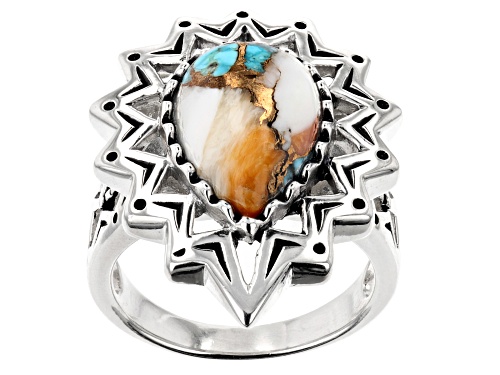 Photo of Southwest Style By JTV™ Blended Turquoise and Spiny Oyster Shell Rhodium Over Silver Ring - Size 6