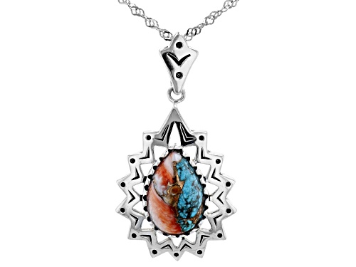Photo of Southwest Style By JTV™ Blended Turquoise and Spiny Oyster Rhodium Over Silver Pendant W/ Chain
