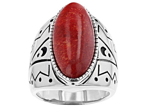 Photo of Southwest Style By JTV™ 22x10mm Red Sponge Coral Rhodium Over Sterling Silver Ring - Size 8