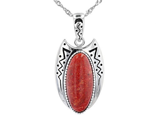 Photo of Southwest Style By JTV™ 22x10mm Red Sponge Coral Rhodium Over Silver Pendant W/ Chain