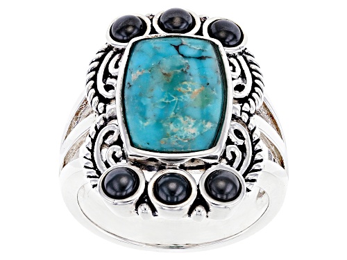 Photo of Southwest Style By JTV™ Turquoise & Hematine Rhodium Over Silver Ring - Size 9