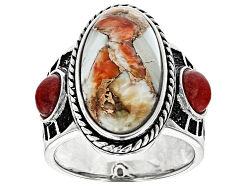 Photo of Southwest Style By JTV™ Spiny Oyster Shell & Coral Rhodium Over Silver Ring - Size 8