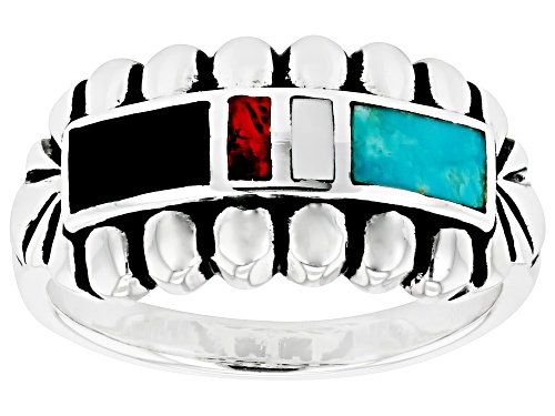 Southwest Style By JTV™ Turquoise, Mother-of-Pearl, Coral & Black Onyx Rhodium Over Silver Ring - Size 9