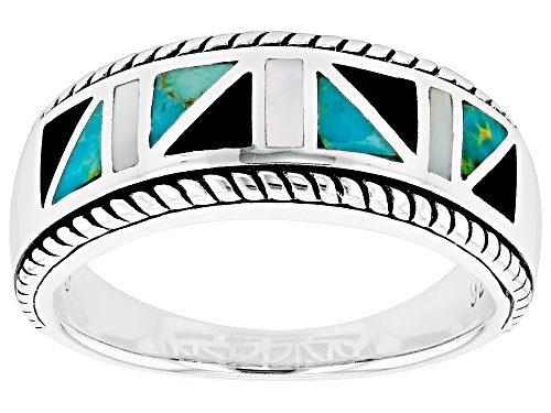 Photo of Southwest Style By JTV™ Turquoise, Mother-of-Pearl & Black Onyx Rhodium Over Silver Men's Band Ring - Size 12