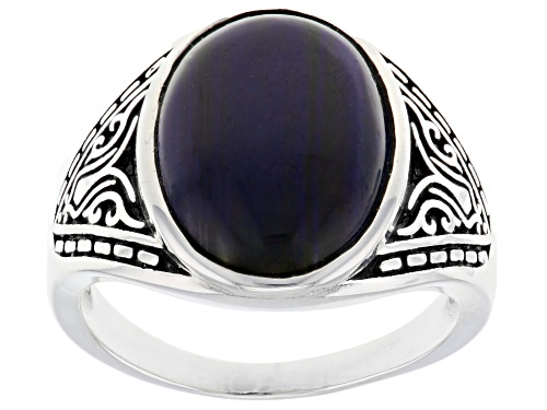 Photo of Southwest Style By JTV™ 16x12mm Blue Tiger's Eye Rhodium Over Silver Men's Ring - Size 12