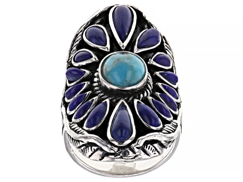 Photo of Southwest Style By JTV™ 9x7mm Oval Blue Turquoise & Lapis Lazuli Rhodium Over Silver Ring - Size 6