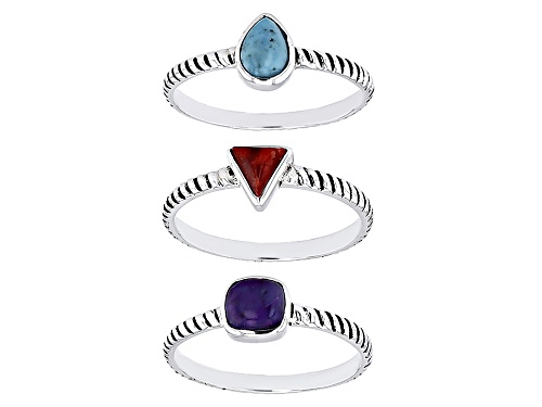 Southwest Style By JTV™ Blue & Purple Turquoise, Coral Rhodium Over Silver Set of 3 Rings Boxed Set - Size 10