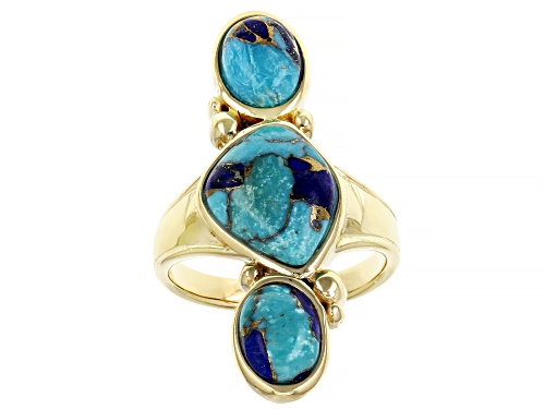 Southwest Style by JTV™ Blue Turquoise and Lapis 18k Yellow Gold Over Sterling Silver 3 Stone Ring - Size 8