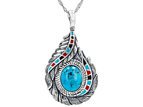 Southwest Style By JTV™ 12x10mm Blue Turquoise with Enamel Silver Pendant With Chain