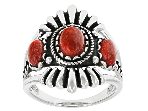 Southwest Style by JTV™ 7x5mm & 6x4mm Oval Red Sponge Coral Sterling Silver Ring - Size 10