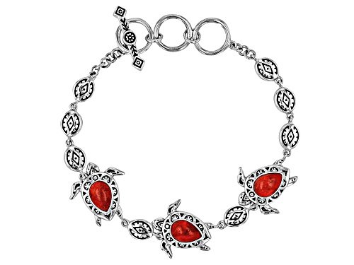 Southwest Style by JTV™ 9x6mm Pear Shape Red Sponge Coral Sterling Silver Turtle Bracelet - Size 7.25