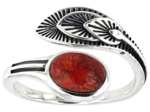 Southwest Style by JTV™ 8x6mm Oval Red Sponge Coral Rhodium Over Sterling Silver Bypass Ring - Size 7