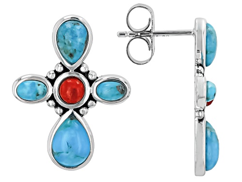 Southwest Style by JTV™ Turquoise With Sponge Coral Sterling Silver Cross Earrings