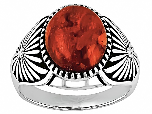 Southwest Style by JTV™ 14x11mm Oval Red Sponge Coral Sterling Silver Men's Ring - Size 11