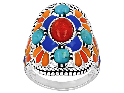 Southwest Style by JTV™ Sponge Coral With Turquoise and Enamel Sterling Silver Ring - Size 7