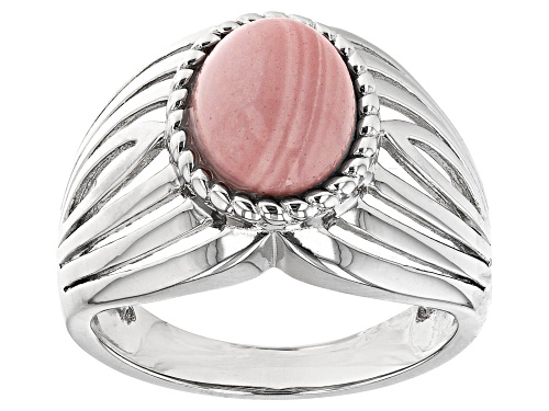 Photo of 10x8mm Oval Pink Mookaite Rhodium Over Sterling Silver Solitaire Ring - Size 7