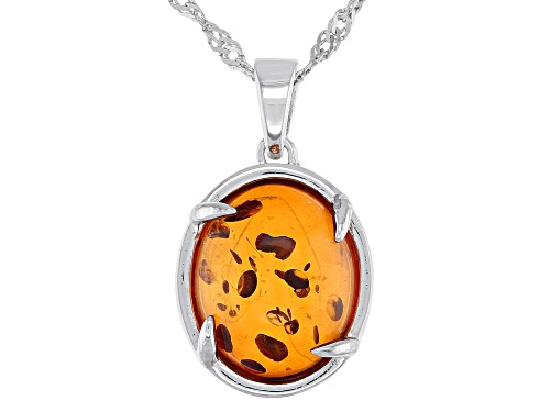 Photo of 12x10mm Oval Cabochon Amber Rhodium Over Sterling Silver Solitaire Pendant With Chain