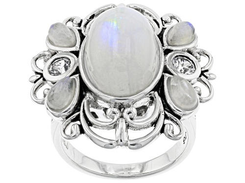 Photo of Mixed Shapes Rainbow Moonstone & 0.34ctw Lab Created White Sapphire Rhodium Over Silver Ring - Size 8