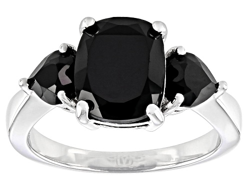 Photo of 4.38cwt Rectangular Cushion and Heart Shape Black Spinel Rhodium Over Silver 3-Stone Ring - Size 8