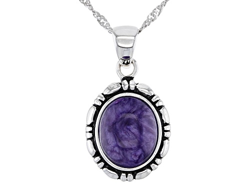 Photo of 12x10mm Oval Charoite Rhodium Over Sterling Silver Pendant With Chain