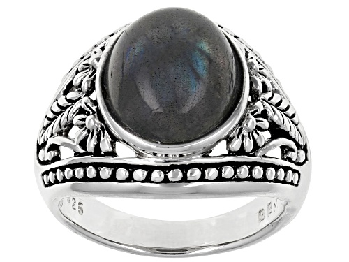 Photo of 12x10mm Oval Cabochon Labradorite Rhodium Over Sterling Silver Solitaire Ring - Size 7