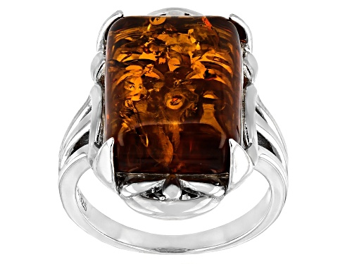 Photo of 16x12mm Rectanagular Octagonal Cabochon Amber Rhodium Over Sterling Silver Solitaire Ring - Size 8
