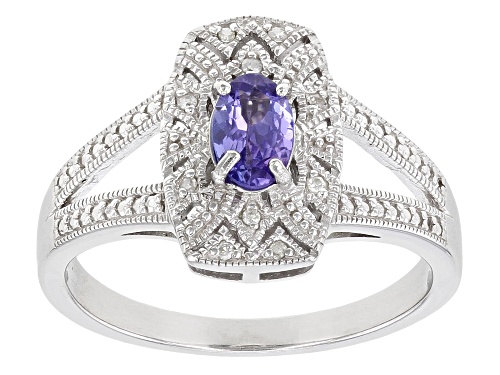 Photo of .38ctw Oval Tanzanite With .03ctw Round White Diamond Rhodium Over Sterling Silver Ring - Size 9