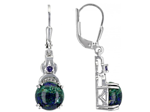 Photo of 9mm Round Cabochon Azurmalachite and 0.07ctw Round Iolite Rhodium Over Silver Earrings