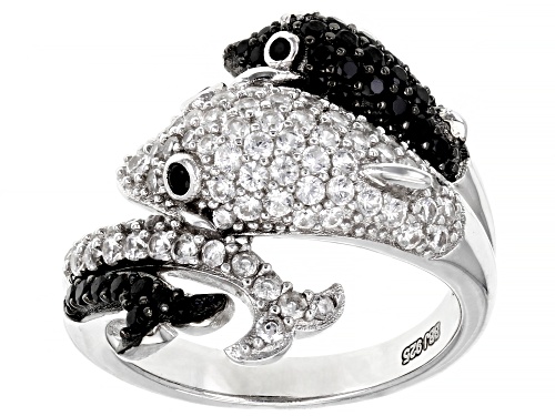 Photo of 0.82ctw Round Zircon and 0.51ctw Black Spinel Rhodium Over Sterling Silver "Dolphin" Ring - Size 8