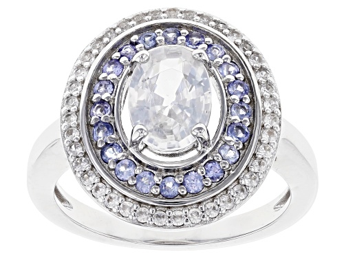 Photo of 1.84ctw Oval And Round White Zircon With 0.31ctw Round Tanzanite Rhodium Over Sterling Silver Ring - Size 10