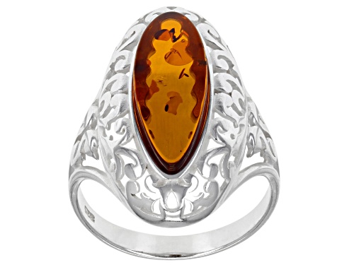 Photo of 18x7mm Oval Cabochon Cognac Amber Sterling Silver Solitare Ring - Size 8