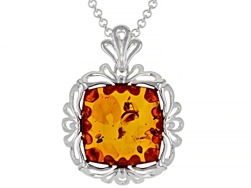 Photo of 14mm Square Cabochon Cognac Amber Sterling Silver Pendant With Chain