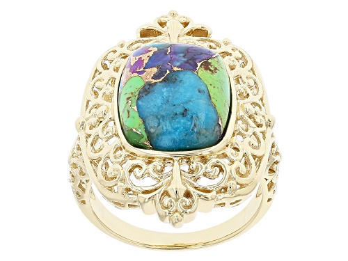 14x11mm Multi-Color Mohave Turquoise 18K Yellow Gold Over Sterling Silver Solitaire Ring - Size 7