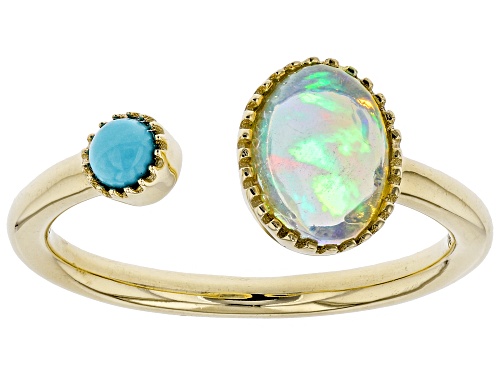 .76ct Oval Ethiopian Opal And 3mm Round Sleeping Beauty Turquoise 10k Yellow Gold Ring - Size 8