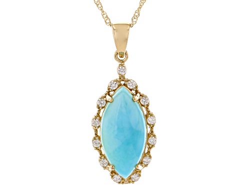 16x8mm Marquise Larimar With .25ctw Round White Zircon 10k Yellow Gold Pendant With Chain
