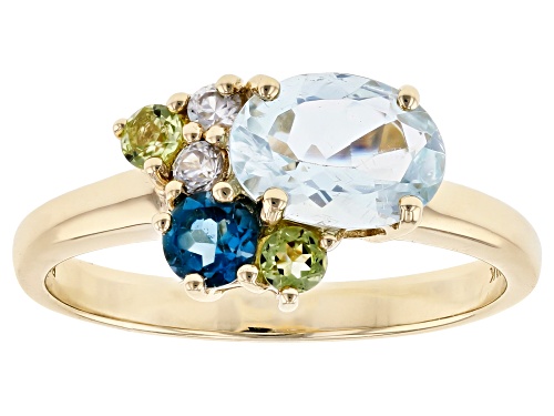 1.14ctw Aquamarine, London Blue Topaz, Manchurian Peridot(TM) & White Zircon 10k Gold Ring - Size 7
