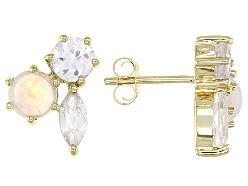 .60ctw Round Ethiopian Opal With 1.50ctw Round and Marquise White Zircon 10k Yellow Gold Earrings